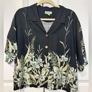 Tommy Bahama Silk Hawaiian Shirt Black Floral Botanical Camp Collar Short Sleeve